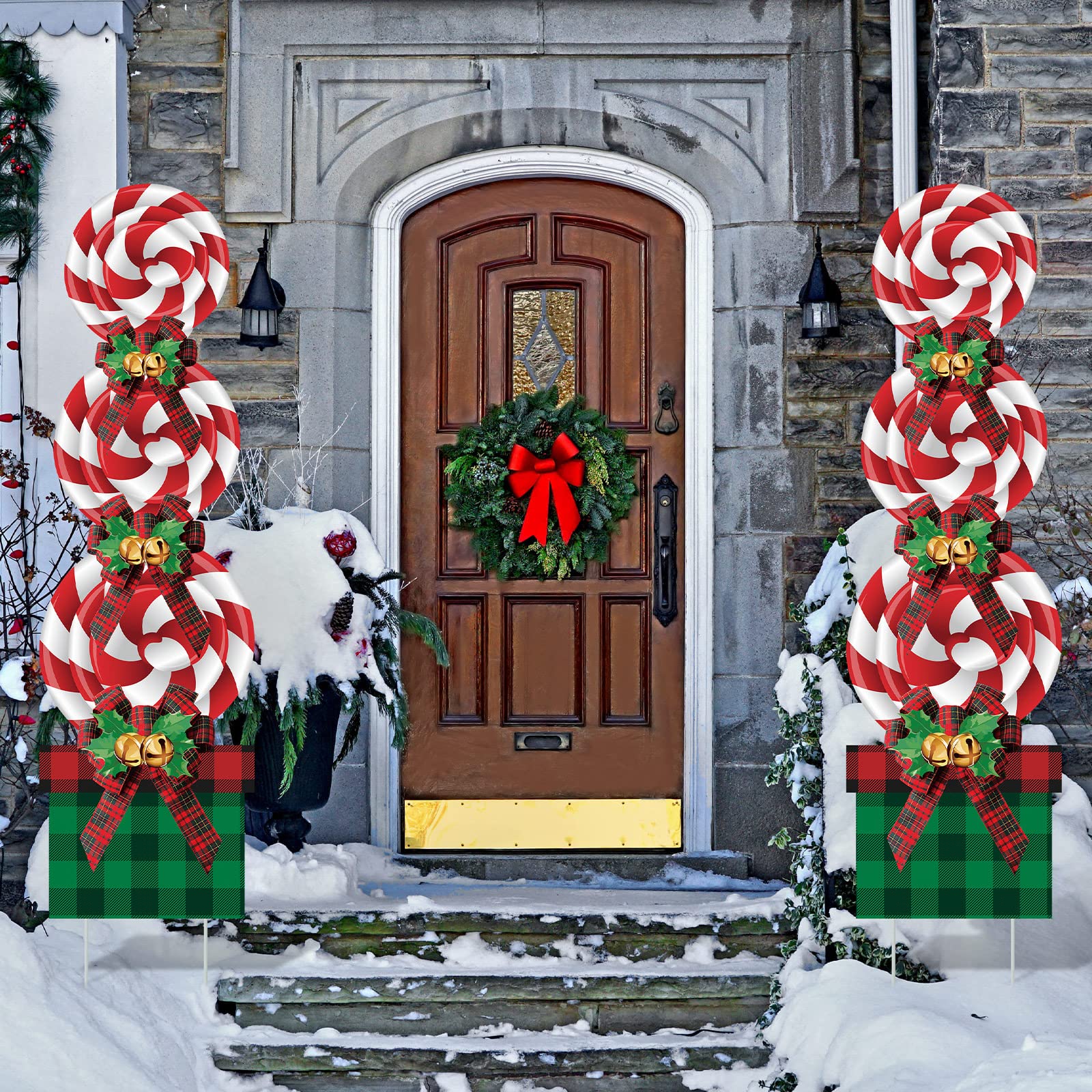 Queekay 8 Pcs Christmas Candy Decorations Outdoor Red White Plaid Bow Christmas Decor Peppermint Lollipop Yard Stakes Signs Yard for Xmas Home Lawn Walkway Themed Party