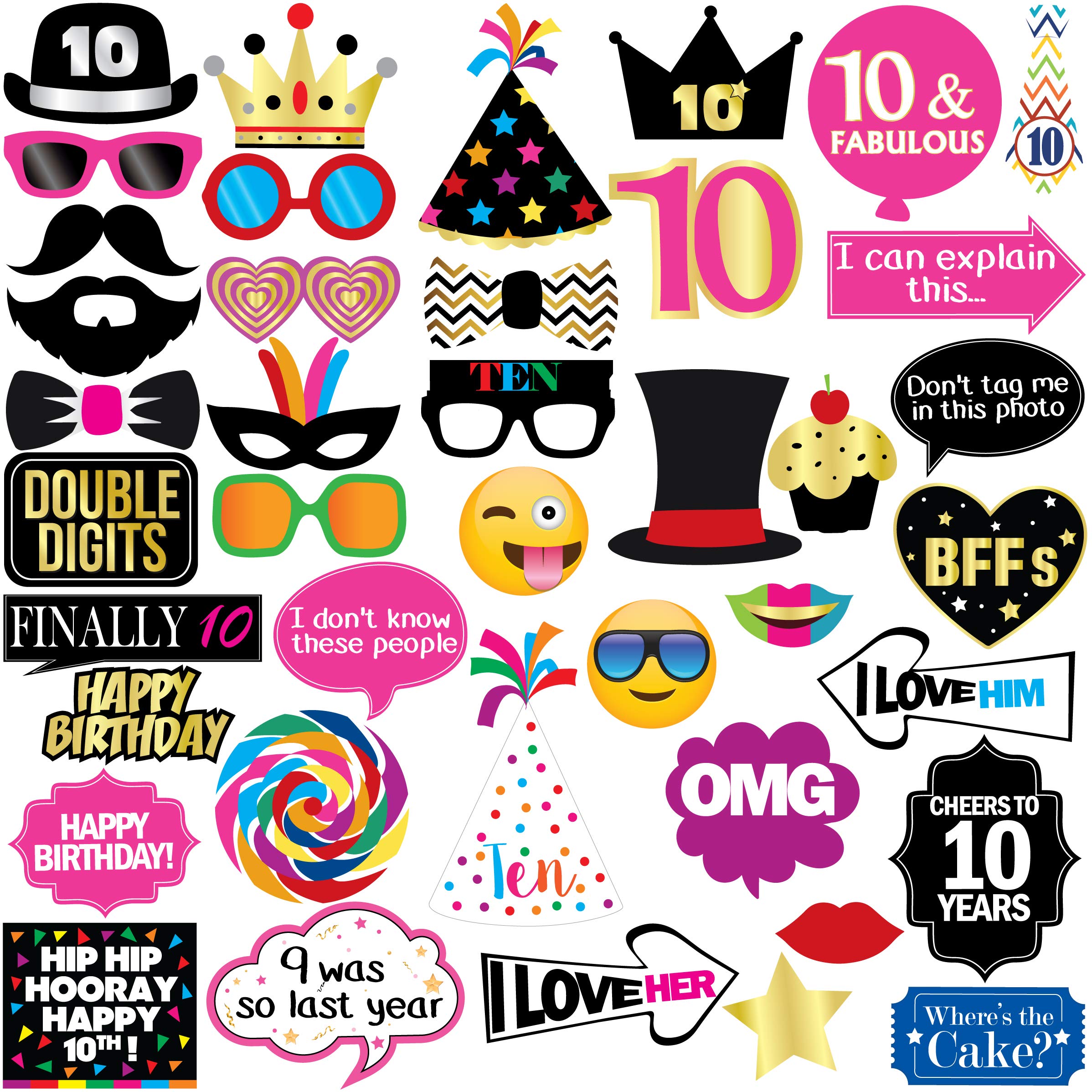 10th Birthday Photo Booth Party Props - 40 Pieces - Funny 10th Birthday Party Supplies, Decorations and Favors