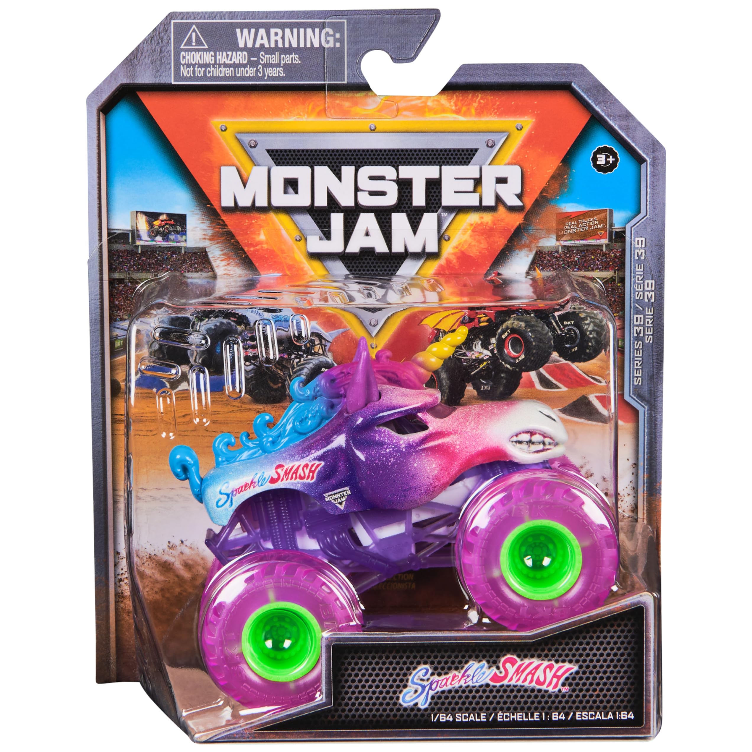 Monster Jam, Official Sparkle Smash Monster Truck, Die-Cast Vehicle, 1:64 Scale, Kids Toys for Boys Ages 3 and up