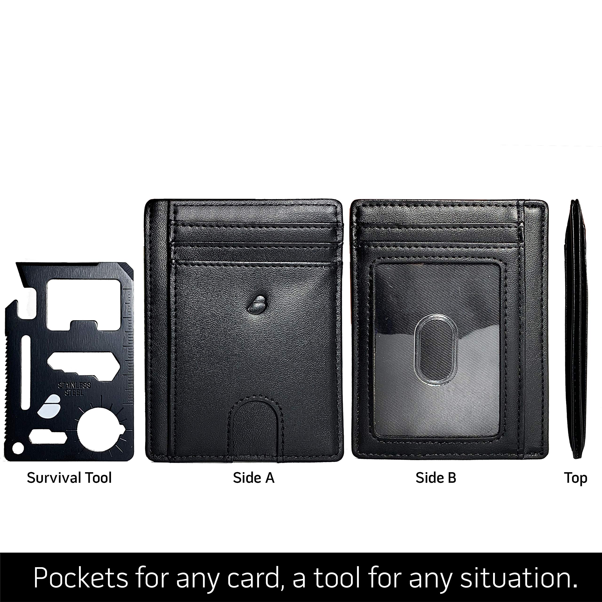 PeerBasics Minimalist Slim RFID-Blocking Men\'s/Women\'s Wallet PLUS 11-in-1 Stainless Steel Credit Card Pocket Sized Survival Multi Tool (Space Black)