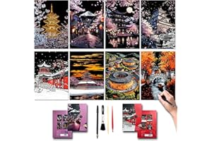 DESINIK Rainbow Scratch Painting Art Kit -Scratch Art for Adults and Teens, DIY Craft Kit with 4 Tools and 8 Sheets of Paper, Ancient Cities Series Creative Gifts 16''x11''(Japan and China)