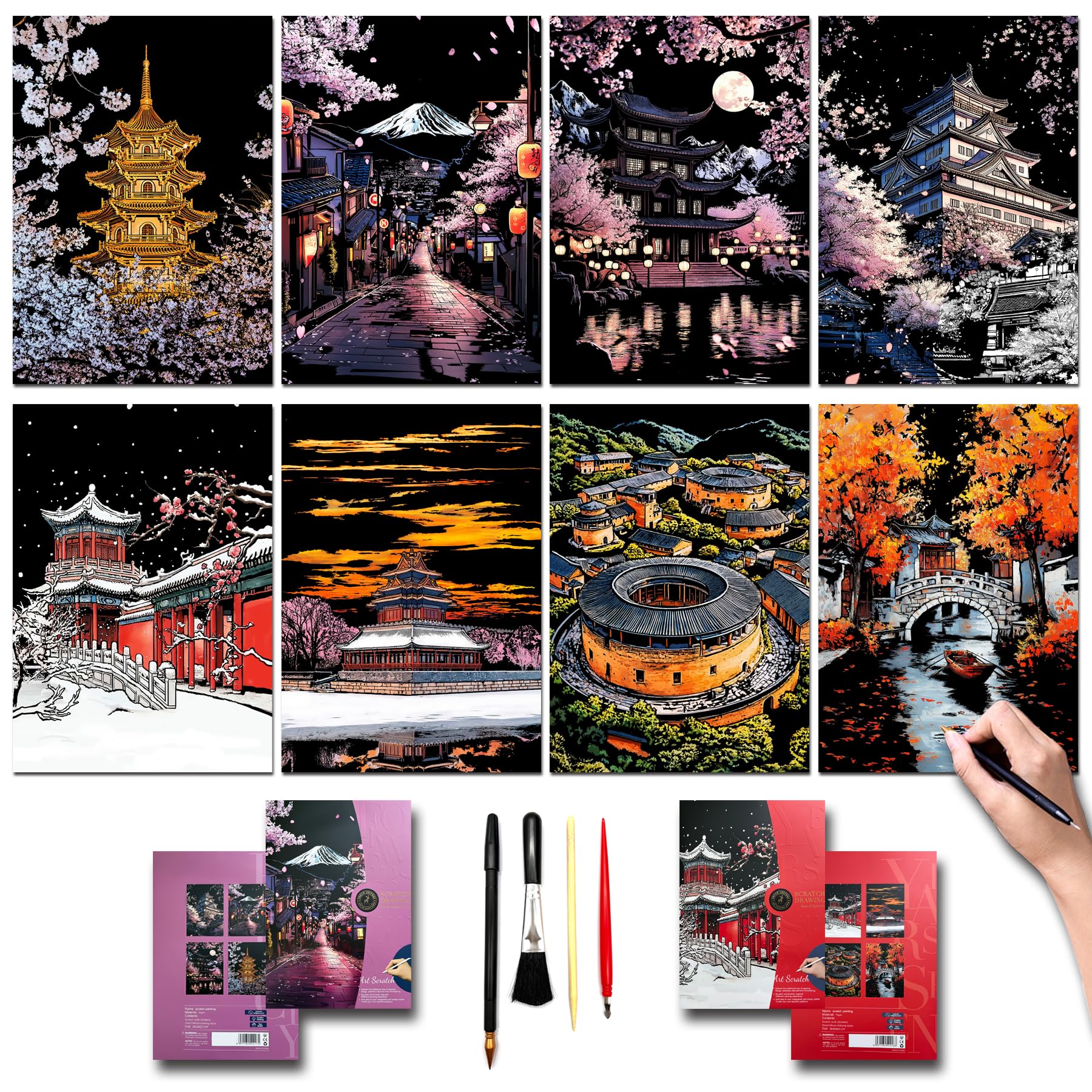 DESINIK Rainbow Scratch Painting Art Kit - Family Friendly Crafts for Adults, DIY Craft Kit with 4 Tools and 8 Sheets of Paper, Ancient Cities Series Creative Gifts (Japan and China)