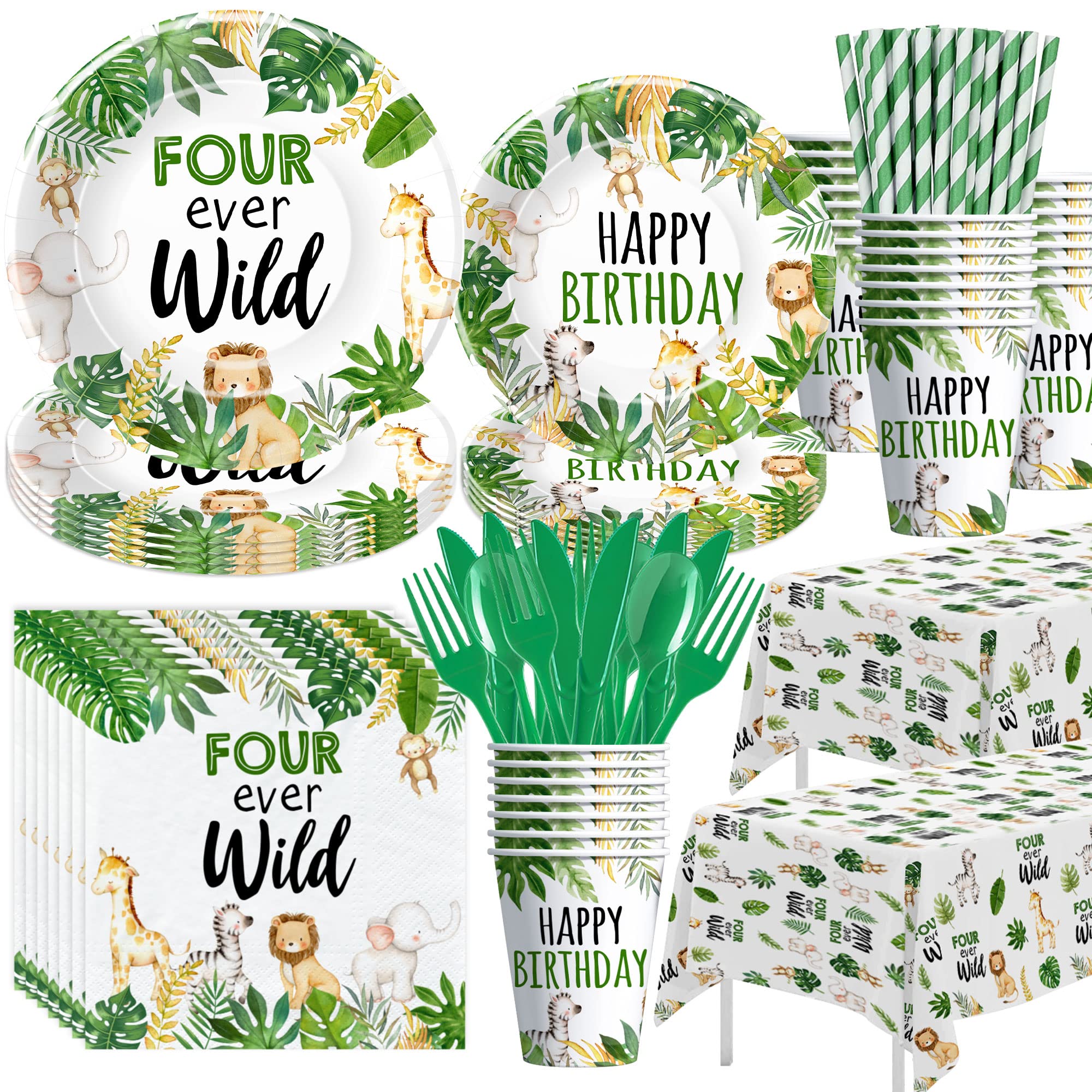 Photo 1 of (incomplete) HIPVVILD Safari Jungle Theme 4th Birthday Party Supplies, Four Ever Wild Birthday Decorations Tableware