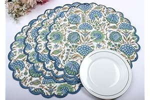 Ridhi Bo-ho Round Place Mat Double Layer Floral Cotton Washable Placemats 15" Round Embroidery Block Print Table Mat (Pack of 4-15 Inch Round, Asparagus Green)