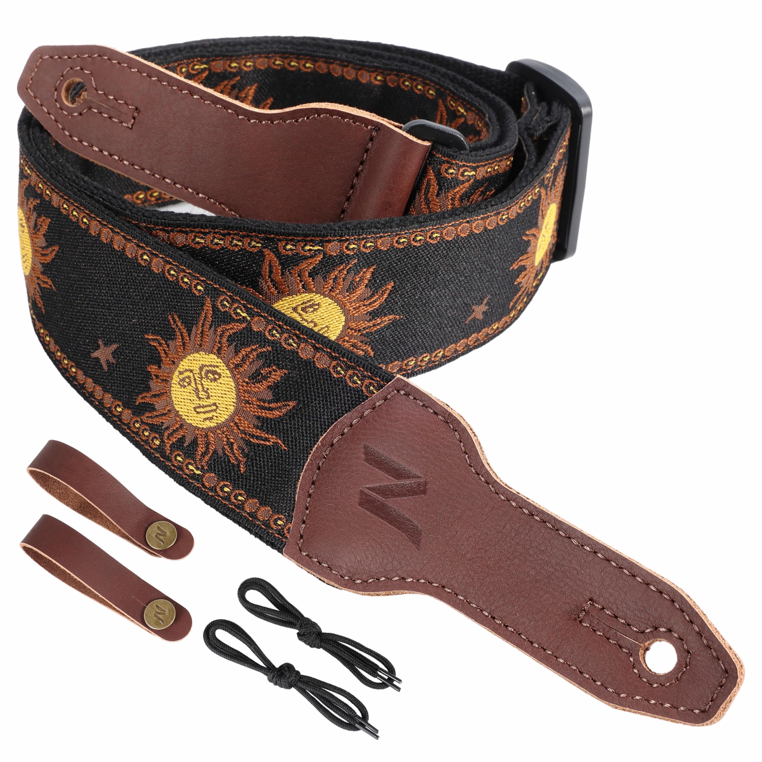 Nefelibata Banjo Strap, 2" Wide Full Grain Cowhide Guitar Strap Adjustable Replacement,Multi-pattern Guitar Strap With Headstock Rope and Leather Headband(Sun God Embroidery)