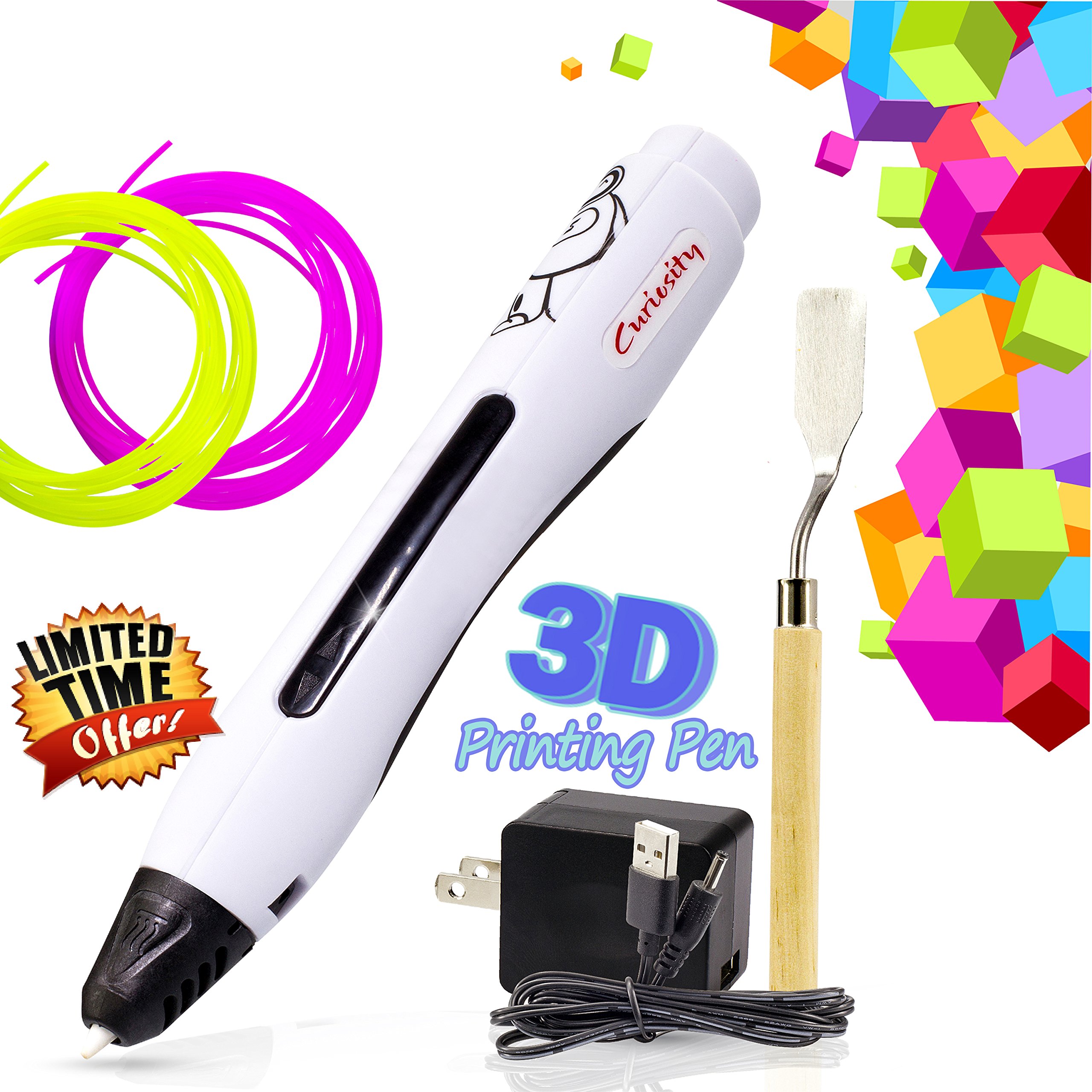 3D Printer Pen - Simple & Fun 1 Button Operation 3D Pen for Kids, Teens and Adults - Includes Two PLA Filaments, USB & BONUS Safety Shovel Tool by Curiosity