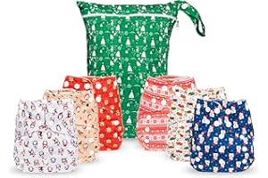 Simple Being Reusable Cloth Diapers, Double Gusset, One Size Adjustable, Washable Soft Absorbent, Waterproof Cover, Eco-Friendly Unisex Baby Girl Boy, six 4-Layers Microfiber Inserts (Christmas)
