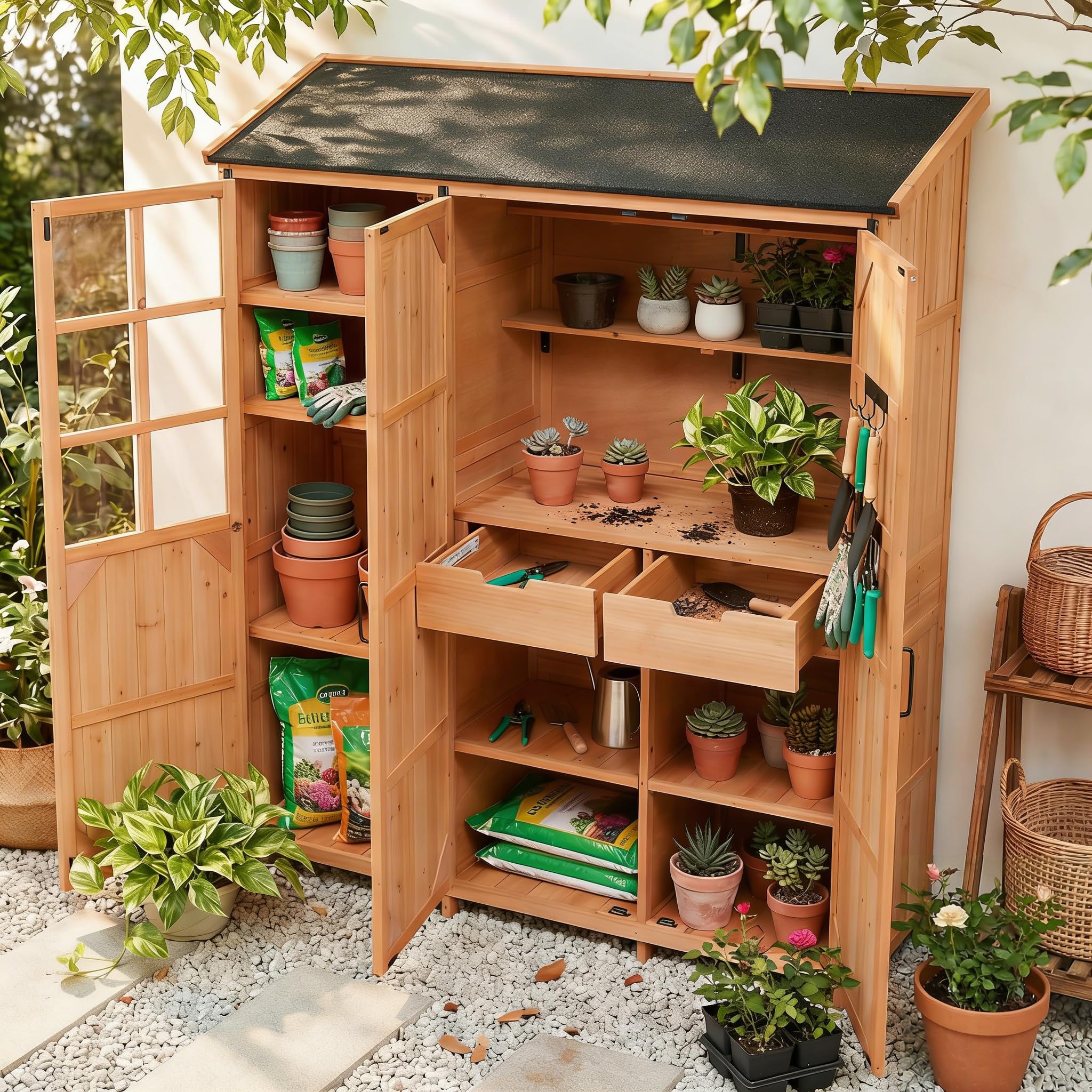 Photo 1 of ** Only box A is included missing box B *** Merax Outdoor Wood Large Patio Garden Storage Shed with Waterproof Roof, 3 Doors Storage Cabinet with Workstation, 7 Storage Shelves, 2 Drawers and 6 Hooks for Backyard, Natural