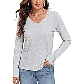 PrettyGuide Womens V Neck Long Sleeve Shirts Loose Fit Casual Fall Basic Tees Shirt Soft Cotton Top