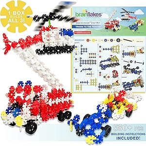 VIAHART Brain Flakes Building Kit with Detailed Step by Step Instructions! | 580+ PCS to Build All 3 Vehicles! | Wheel Pieces & Special Parts are Included! | Ages 7+