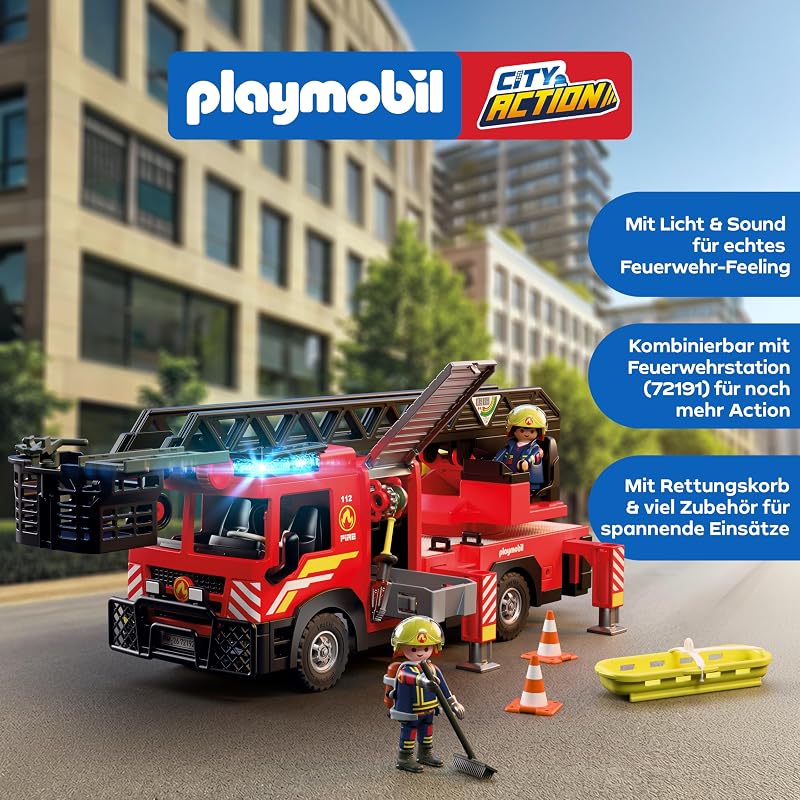 | City Action | Feuerwehr‑Leiterfahrzeug | Einsatzfahrzeug mit 63‑cm‑Leiter, Licht & Sound, Rettungsausrüstung & viel Zubehör | Für Kinder ab 4 Jahren | 72192