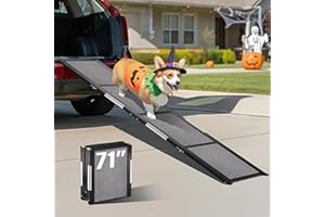 PATHOSIO PETS Portable Dog Ramp for Car – Foldable Dog Car Ramp for Truck, SUV, High Bed & Sofa with Anti-Slip Feet & Traction Carpet – Small to Large Breeds (71" Long & 17" Wide)
