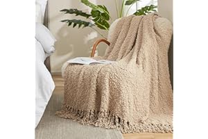 Amélie Home Textured Mulberry Throw Blanket Handmade with Tassels Chunky Soft Fluffy Knit Throw Blankets Woven Luxury Farmhouse Throws for Couch Sofa Bed (Beige, 50"x60")
