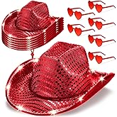 Zhanmai 6 Set LED Cowboy Hat Light Up Glitter Cowboy Hat with Sunglasses Sequin Space Cowgirl Hat for Women Men Costume