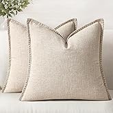 decorUhome Decorative Linen Farmhouse Throw Pillow Covers 18x18 Set of 2, Neutral Modern Pillow Covers with Stitched Edge for Couch Sofa Chair Bedroom Living Room, Ecru