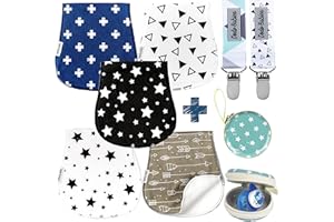 Dodo Babies 5-Pack Baby Burp Cloths - Soft Absorbent Cotton Newborn Essentials Must Haves - Spit-Up Rag & Pacifier Case with Clips - Contoured Fit Boy Burp Cloth Set - 2 Clips & Case Blue/White/Teal