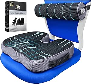 2pc Seat Cushion Lumbar Roll Combo for Office Chair - Memory Foam 3D Mesh - Pain and Pressure Relief for Lower Back, Sciatica, Coccyx, Butt, Tailbone - Posture Support Pillow for Desk, Car, Wheelchair
