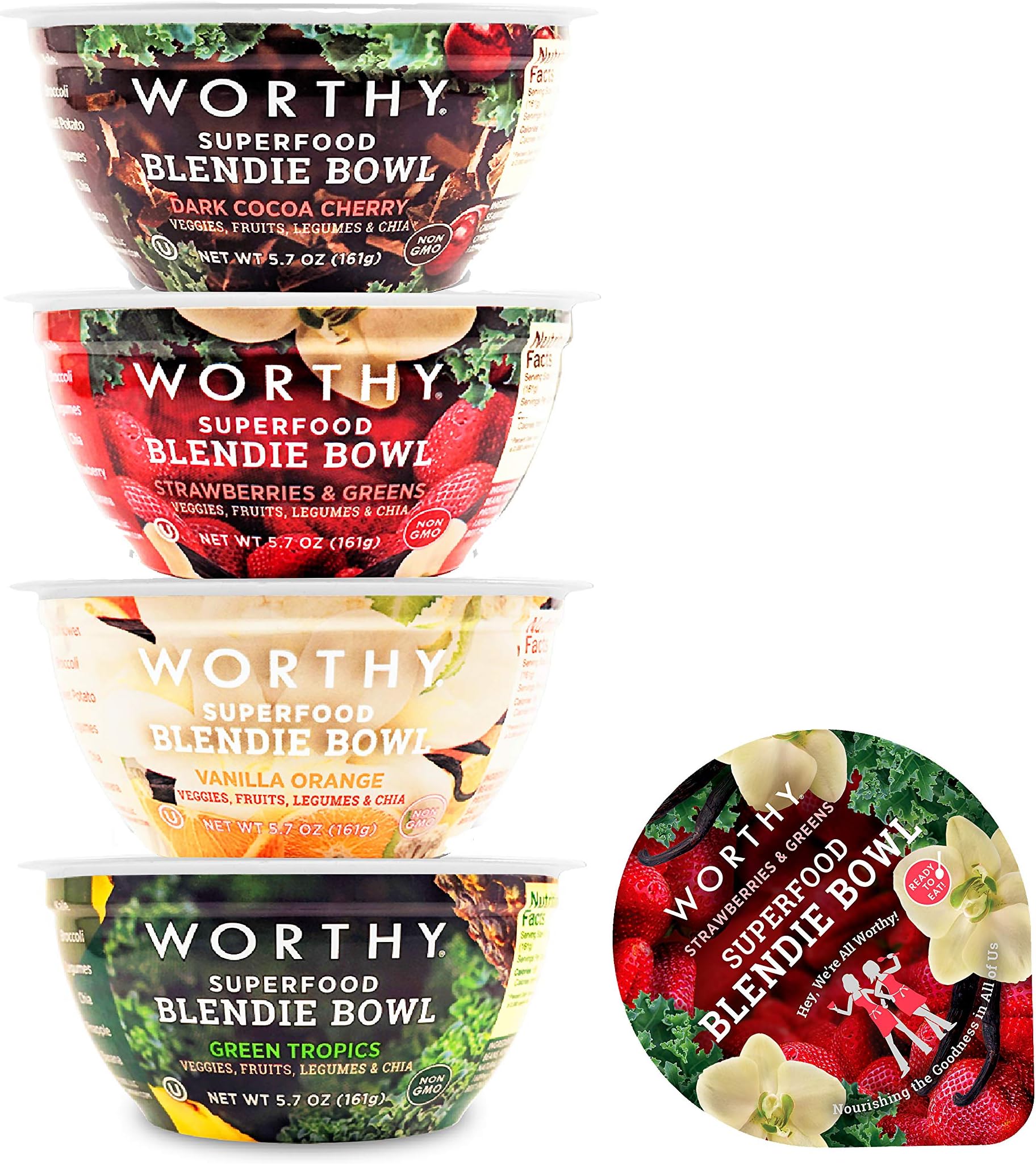 The Worthy Bowl Variety 4 Pack | Blended Fruit, Veggie, Legume & Chia Bowls with 3 Servings of Plants | 8g Protein, 8g Fiber, Gluten Free, Soy Free, 150 Calories | 5.7oz bowls