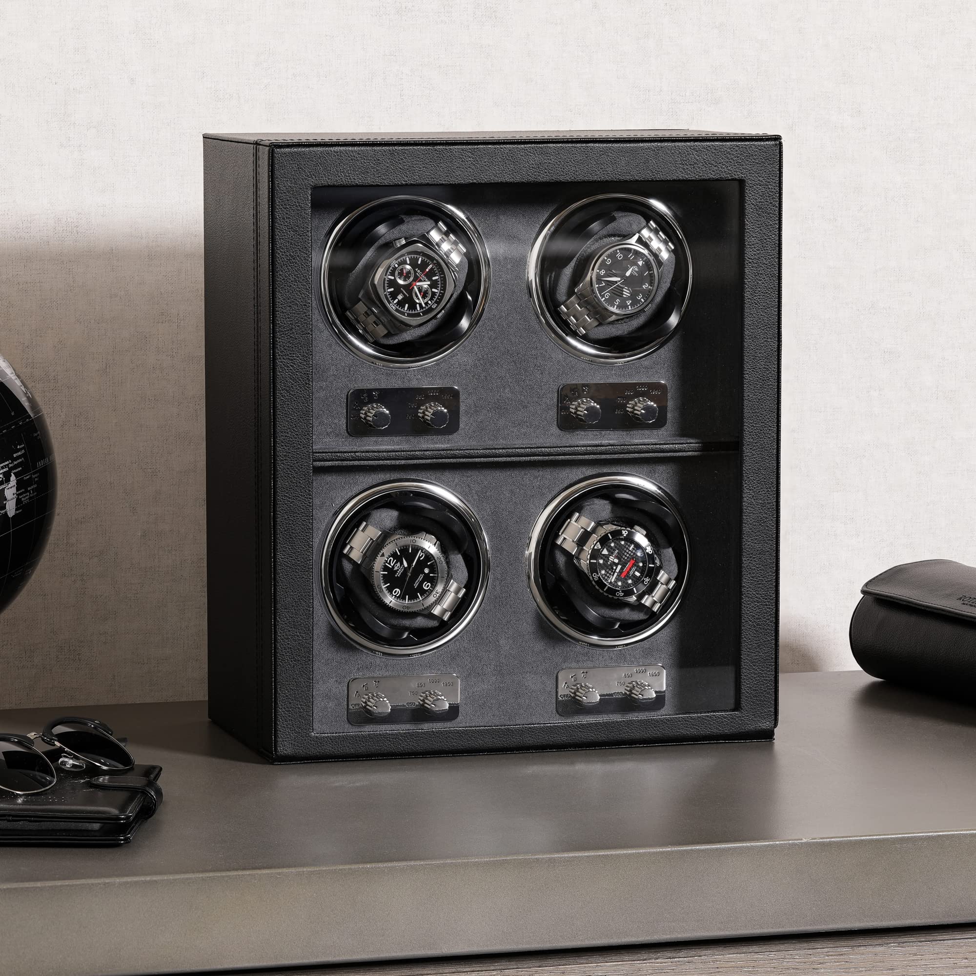 ROTHWELL 4 Watch Winder for Automatic Watches with Quiet Motor with Multiple Speeds and Rotation Settings (Black/Grey)
