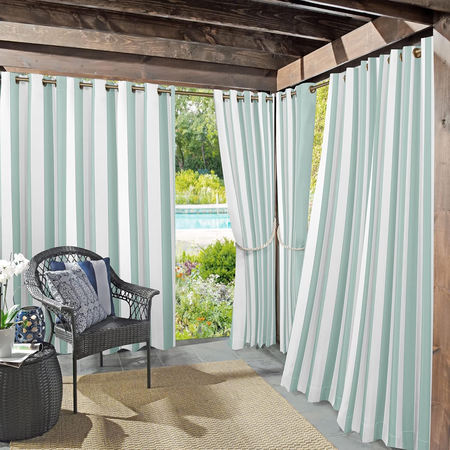 Outdoor Curtains - Sun Zero Valencia 2-Pack Cabana Stripe Indoor/Outdoor UV Protectant Energy Efficient Grommet Curtain Panel Pair , 54
