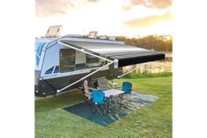 YESCAMP Manual RV Awning Complete Kit Retractable Camper Awning for RV or Trailers RV Roll Out Awning for Camper or 5th Wheel,Travel Trailers,Toy Haulers,Motohome(15Ft,White Frame,Black Stripe)