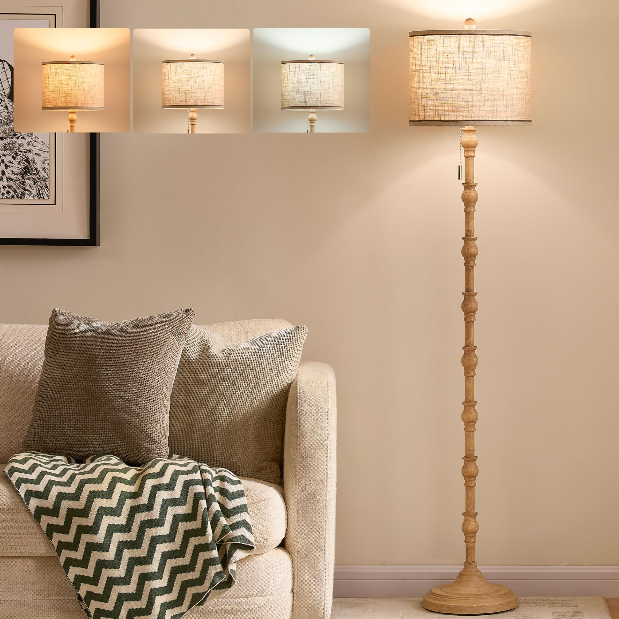 Photo 1 of Leasgy 63.5'' Floor Lamps for Living Room, Farmhouse Floor Lamp for Bedroom with 3 Color Temperatures, Vintage Standing Lamps for Living Room, Living Room Light, Chain Switch, Bulb Included, Cream