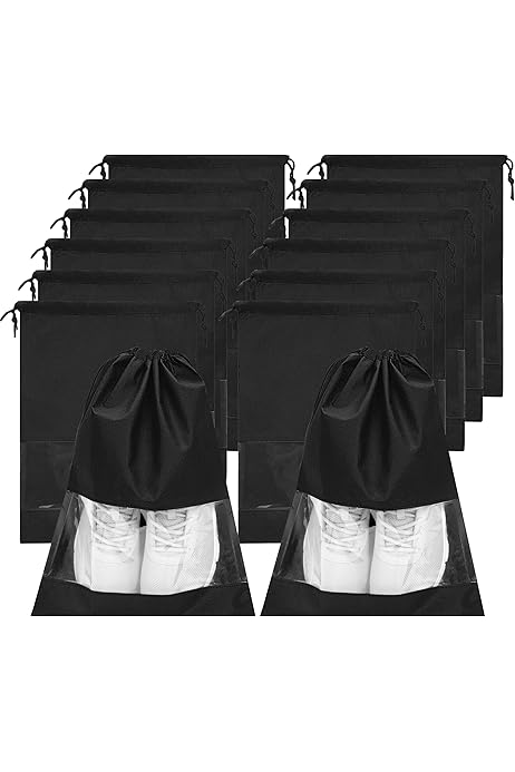 12PCS Shoe Bags for Travel - Large Dustproof Drawstring Shoes Pouch Packing Organizers for Men & Women, Black