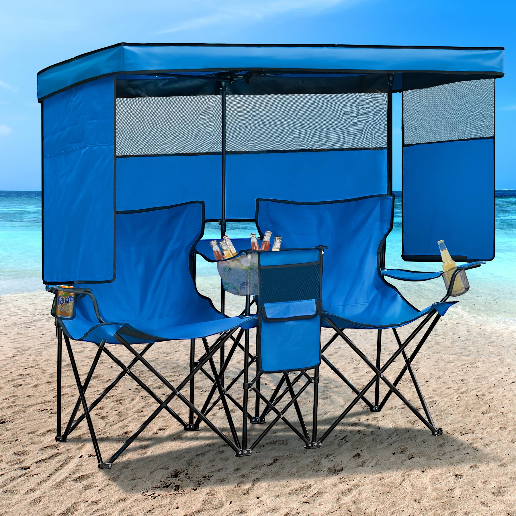 Photo 1 of WTVIDAS Double Beach Chair with Canopy Shade Oversized Camping Chairs with Cup Holder Cooler Bag Folding Loveseat Chairs for Camping Beach Lawn