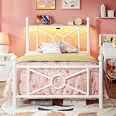 Twin Platform Metal Bed Frame with RGB LED Lights, 4 Ports Charging Station | 1000lbs Heavy Duty, with Stprage Headboard, Footboard &amp; 10.4in Under Bed Storage, No Box Spring Needed, Quiet, Easy Assembly.