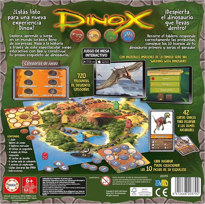 - Dinox Juego de Mesa Niños 6 Años, Juego Educativo de Dinosaurios con Preguntas y App (20379)