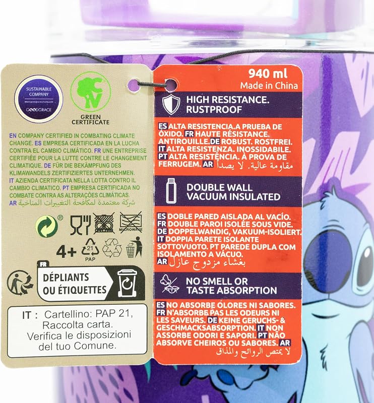 Garrafa de água em aço inoxidável Stitch 665ml - tampa hermética com pega, resistente para viagens escolares desportivas