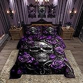Erosebridal Gothic Skull Bedding for Adluts Kids Teens Halloween Goth Queen Comforter Set Vintage Victorian Romantic Purple Rose Floral Quilt Spooky Grunge Skeleton Boho Horror Bedding,Gothic Decor