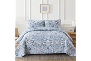 Drucon Blue Paisley Quilt Set Queen 3 Pieces Boho Paisley Floral Quilt Coverlet Set Soft Microfiber Lightweight Bedding Quilt for All Season (Queen, 90"x96")
