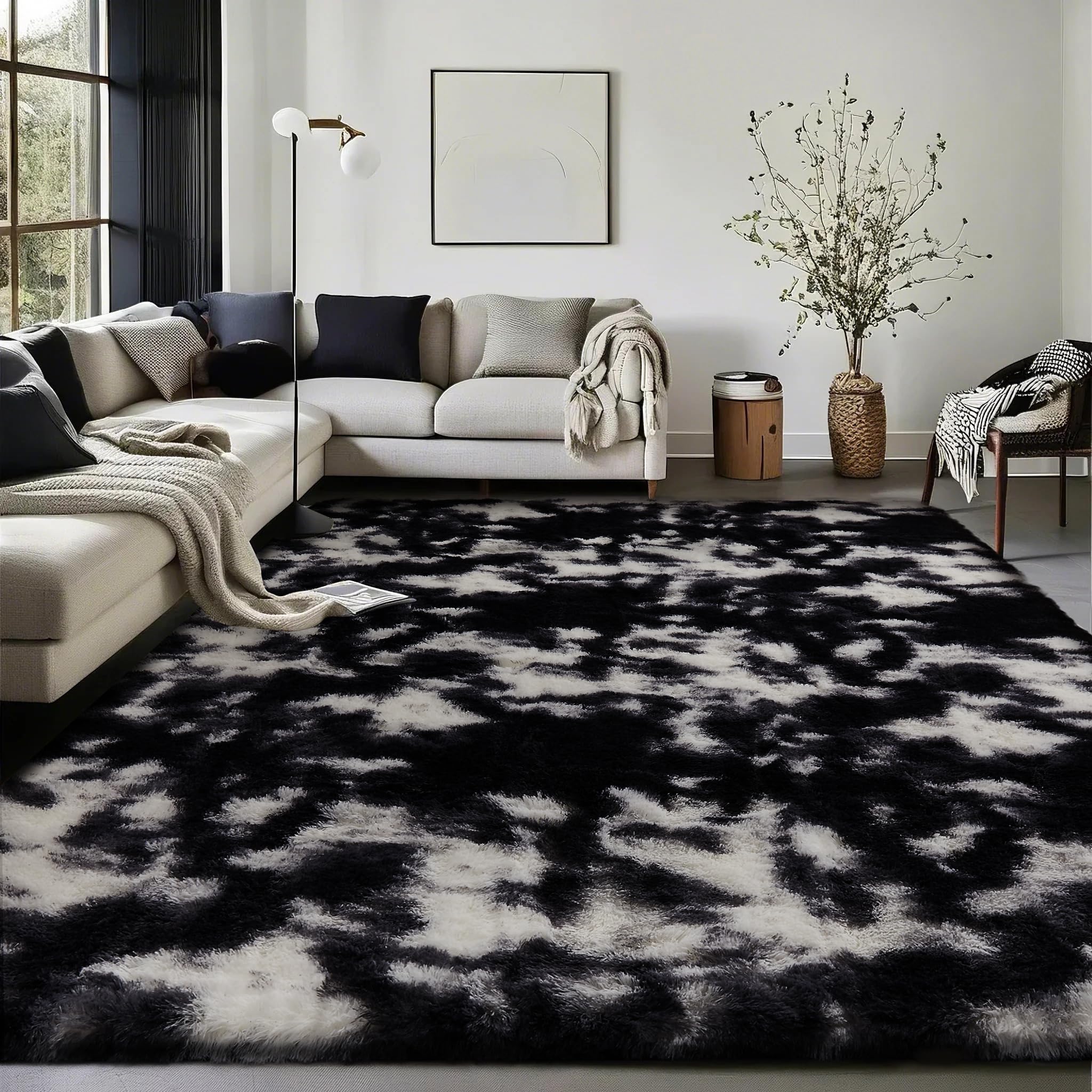 Photo 1 of Ophanie Black and White Rugs for Bedroom Living Room, Fluffy Fuzzy Furry Carpet, Plush Soft Shaggy Bedside Indoor Floor 4x6 Area Rug for Kids Girls Boys Baby Teen Dorm Nursery Home Decor Aesthetic