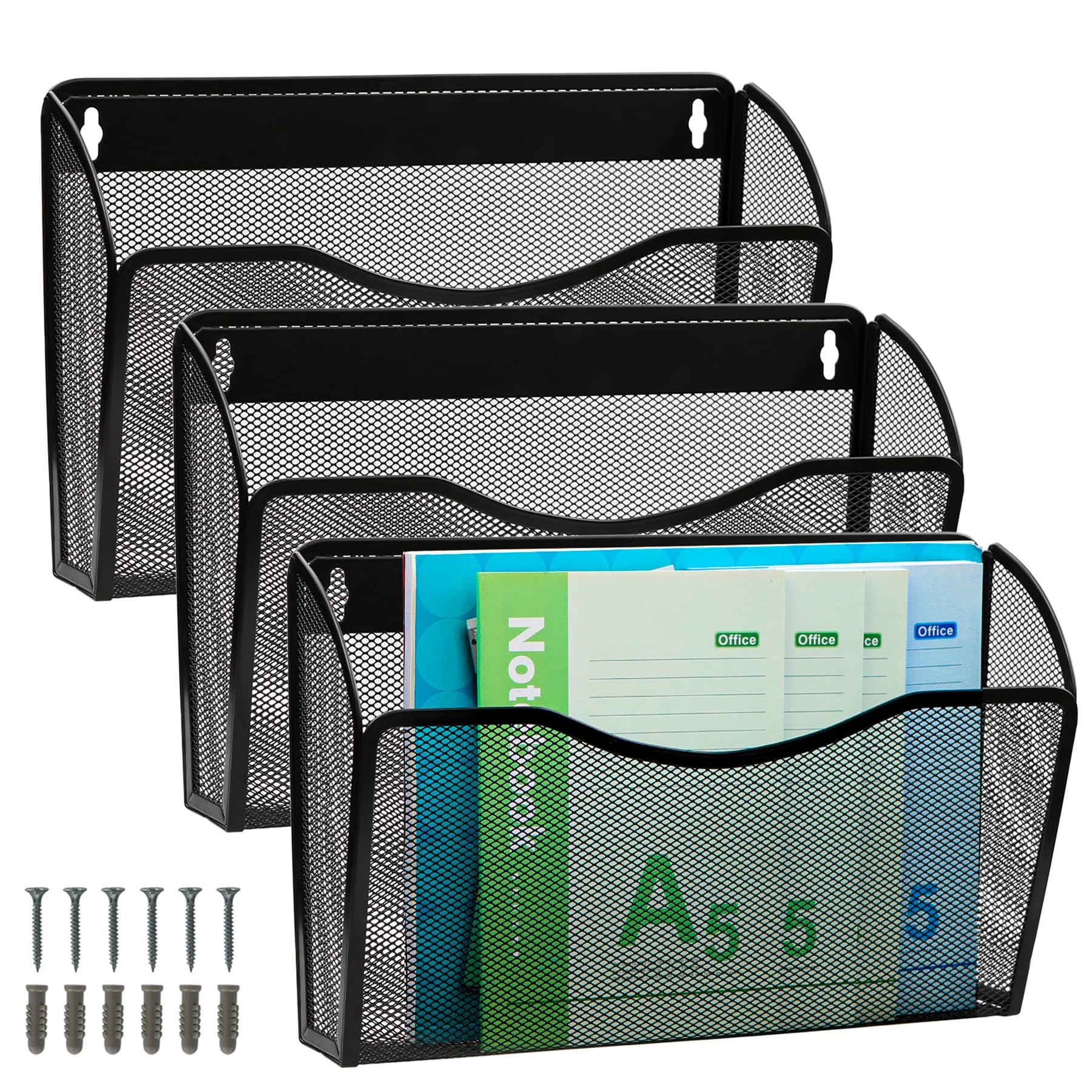 ESYLIFE 3 Pocket Hanging File Organiser, Wall Mounted Magazine File Holder, Wall Magazine Rack, A4 Paper Storage Letter Shelf, Set of 3, Black