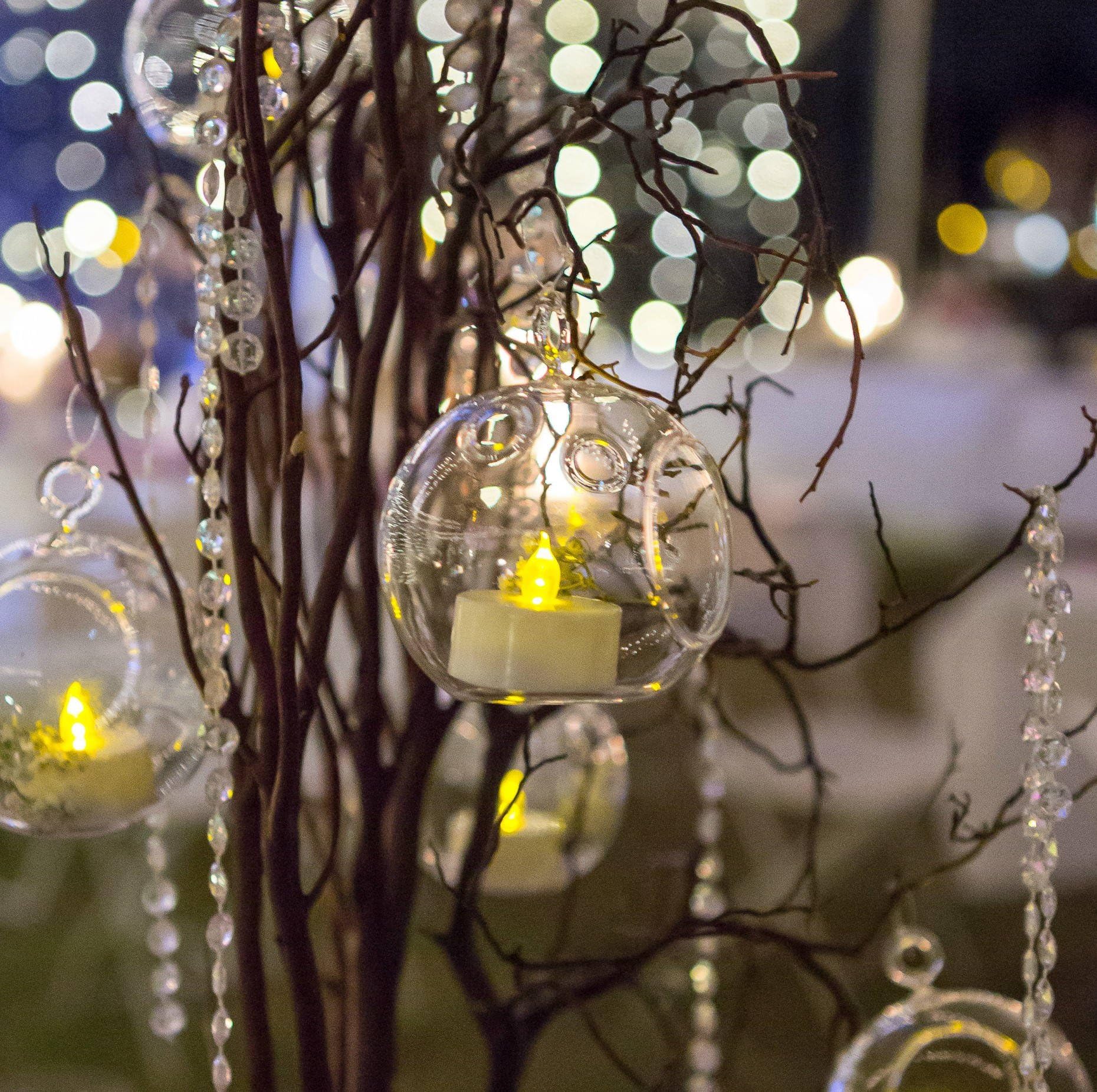 NewDreamWorld's Pack of 6 pcs Glass Led Tealight Candles Holders 8cm Hanging Orb Terrariums for Wedding Decor Garden Parties (6pcs/set, Led candle)