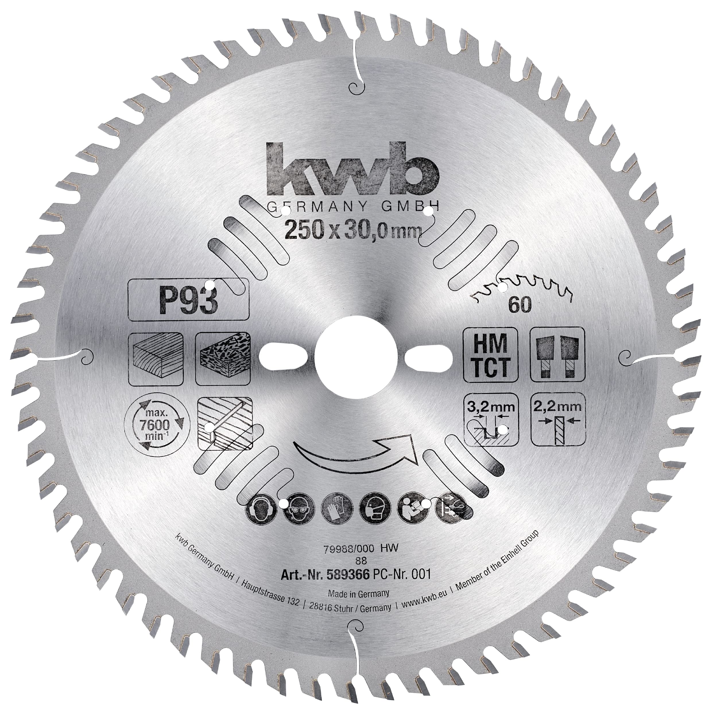 kwb 250 x 30 mm Circular Saw Blade for Precision Cuts, Ideal for Worktops, Wood, and Coated Panels