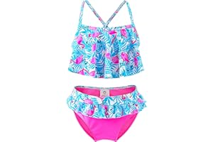 IKALI Girls Swimsuits Two Piece, Kids Bikini Set Flamingo Hawaiian Ins, Tropical Printing Beach Bathing Suit for Vacation