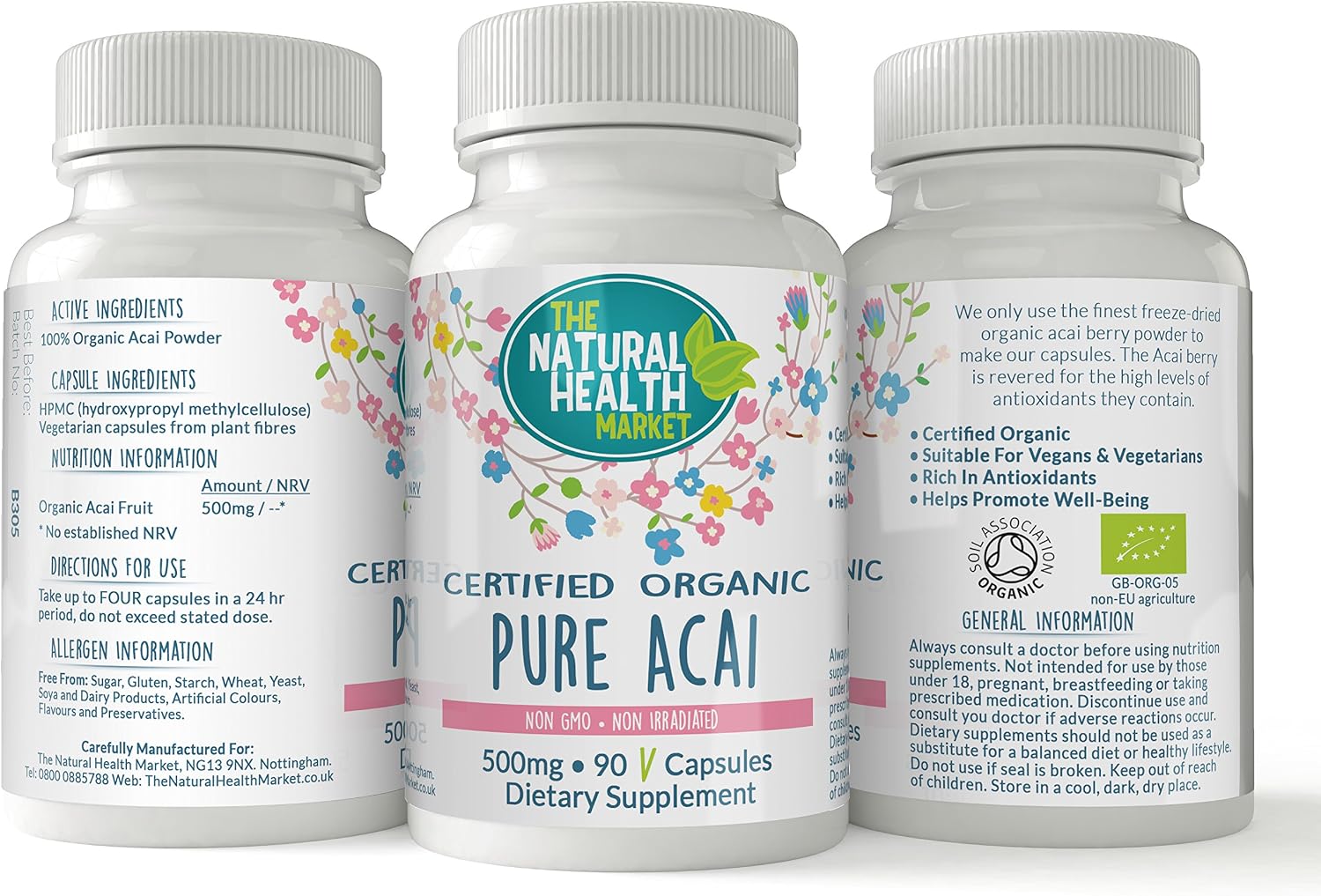 Pure Organic Acai Berry 500mg Capsules (90 Capsules) By The Natural Health Market • Certified Organic By The Soil Association • Vegan Capsules • Acai Berries Harvested In Brazil