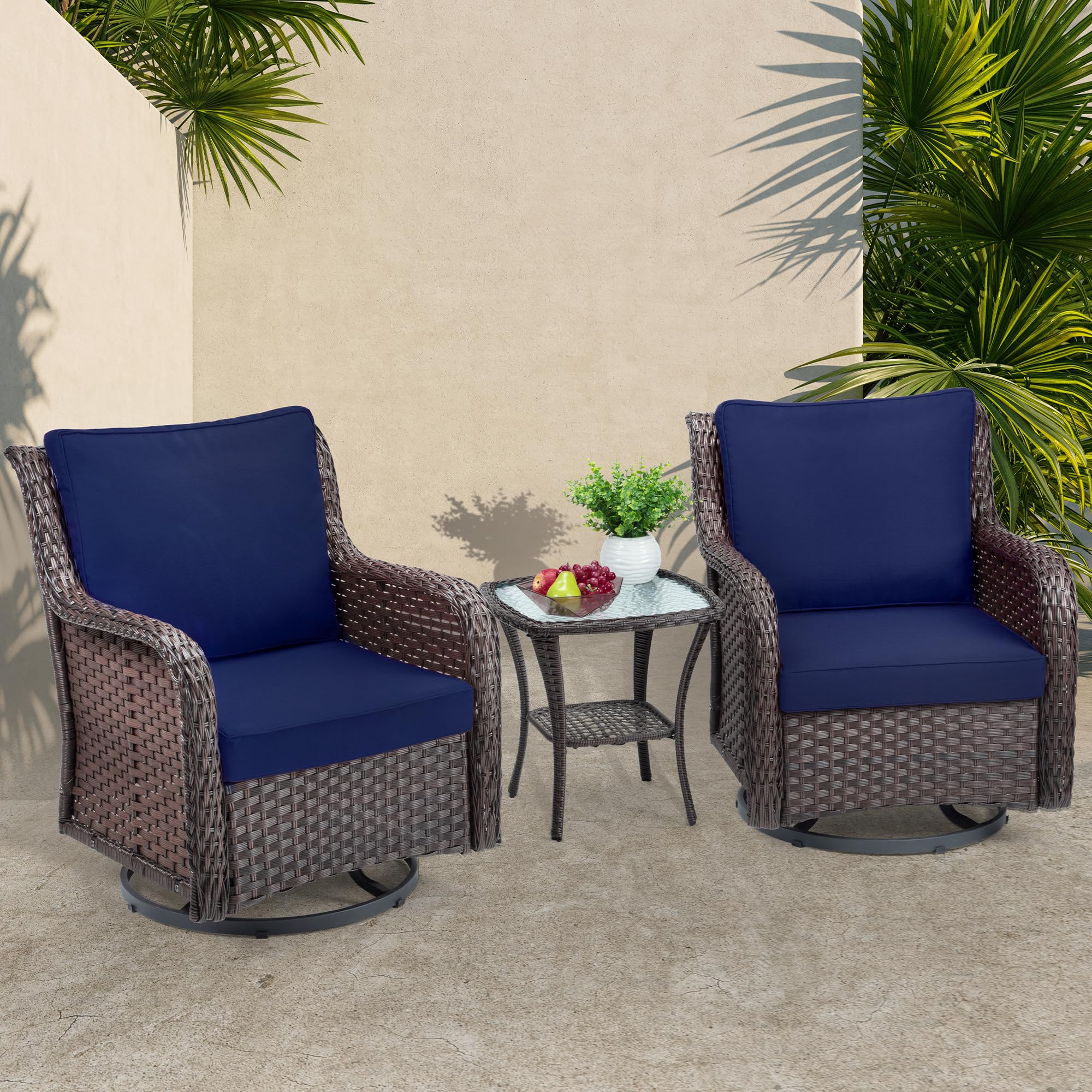 Photo 1 of ** USED** Towallmark Outdoor Swivel Wicker Glider Patio Chairs with Table Set, 3 Pieces Outdoor Bistro Set with 4”Thick Cushions and Coffee Table for Porch, Balcony, Deck (Blue)