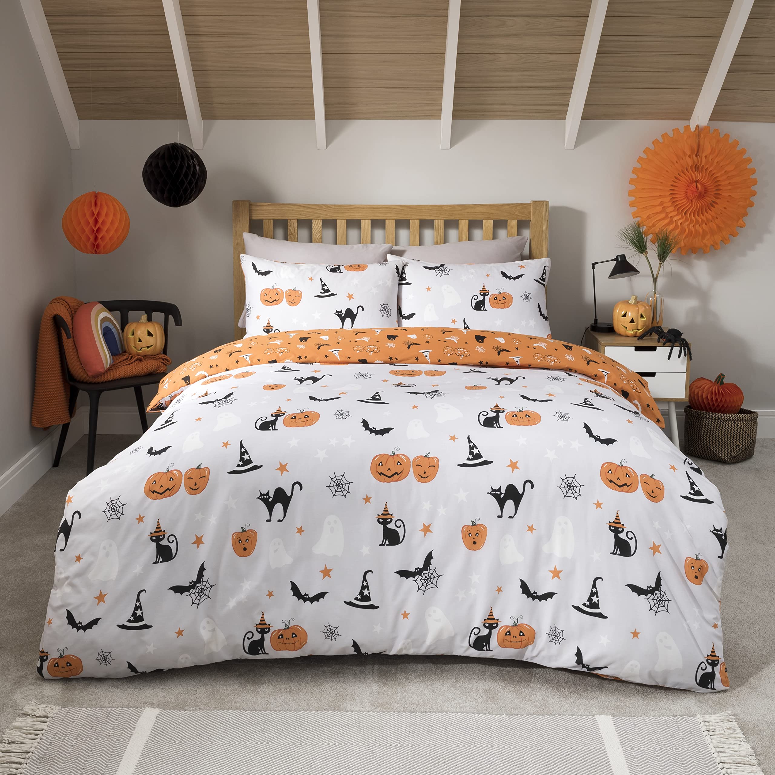Sleepdown Halloween Pumpkins Multi Reversible Soft Easy Care Duvet Cover Quilt Bedding Set with Pillowcases - Grey Orange, King (230 cm x 220 cm)
