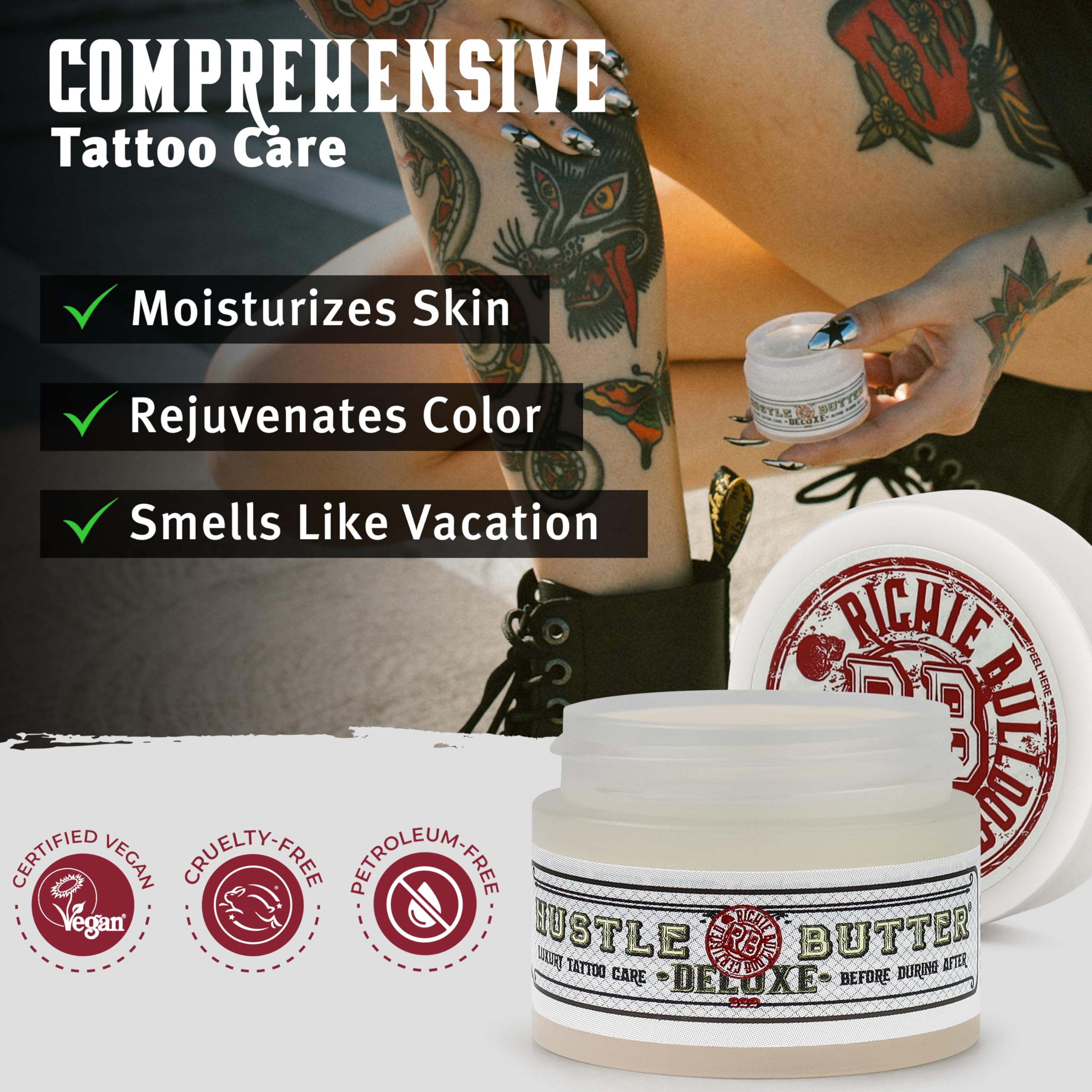 Hustle Butter Tattoo Aftercare 5oz At Home and 1oz Travel Sized Aftercare Balm, Use While Healing New Tattoos and To Rejuvenate Older Body Art - 100% Vegan Cream