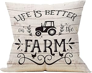 Mancheng-zi Farmhouse Pillow Covers Life is Better on The Farm, Housewarming Gifts Family Room Decor, Porch Bench Gift, 18 x 18 Inch Farming Decorative Cotton Linen Cushion Cover for Sofa Couch Bed