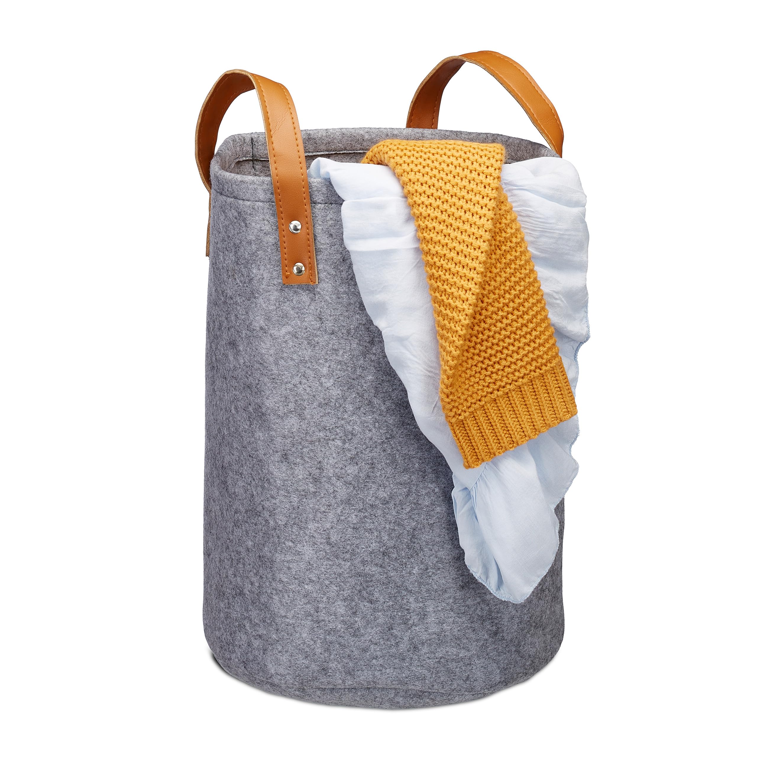 Relaxdays Felt Laundry Hamper, PU-Leather Handles, 28 L Storage Basket, Bathroom, HxD 45x30 cm, Anthracite, 45 x 30 x 30 cm