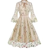 Women Mesh Floral Embroidery Vintage Cocktail Swing Dress Illusion 50s Goth Flared A line Casual Wedding Prom Evening Dress