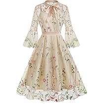 Bow Tie Neck Floral Embroidery Dress for Women Flower