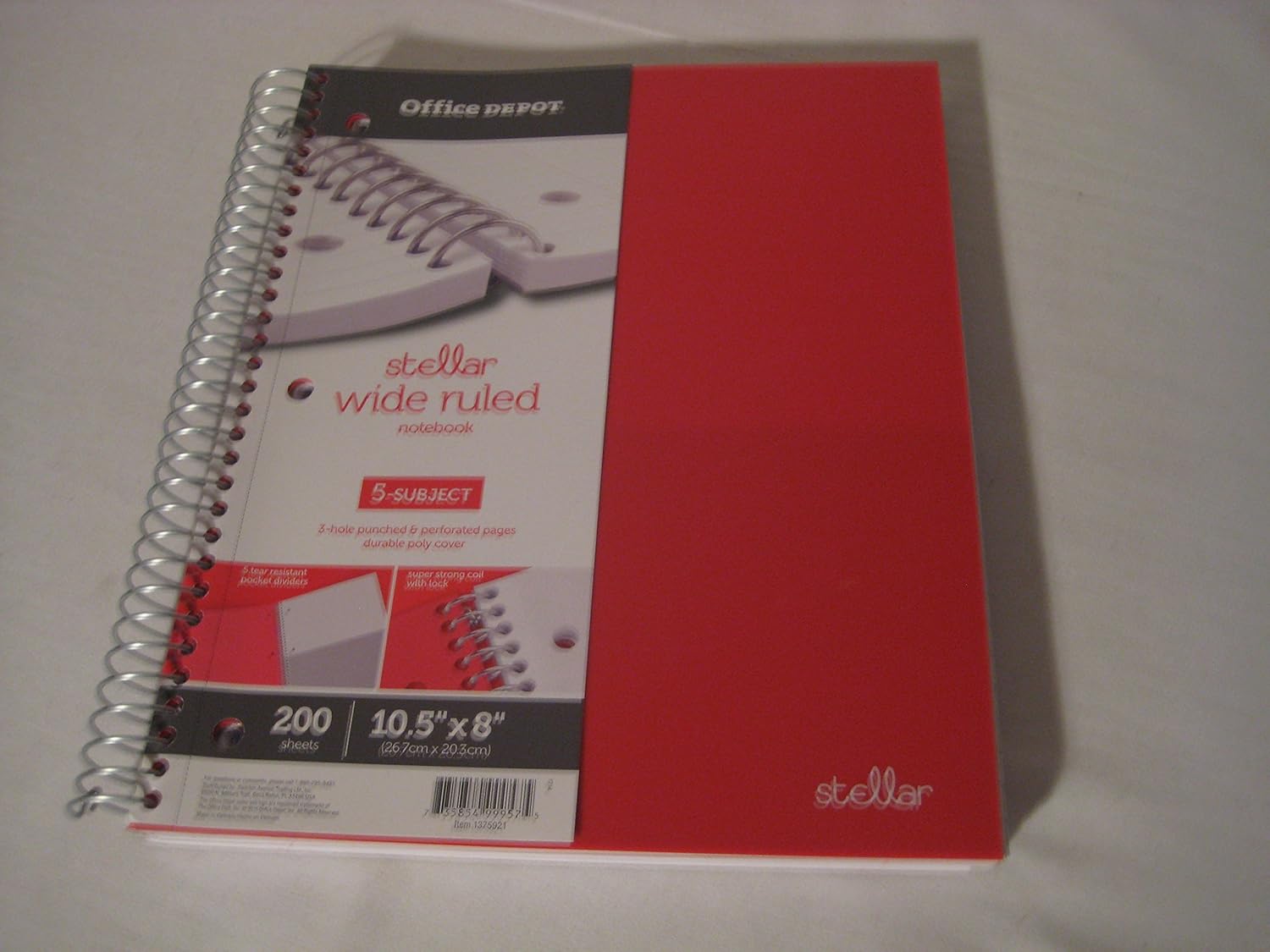 Office Depot Brand Stellar 5 Subject Notebook, 10 1/2" x 8", 5 Subject, Wide Ruled, Assorted Colors, 200 Sheets
