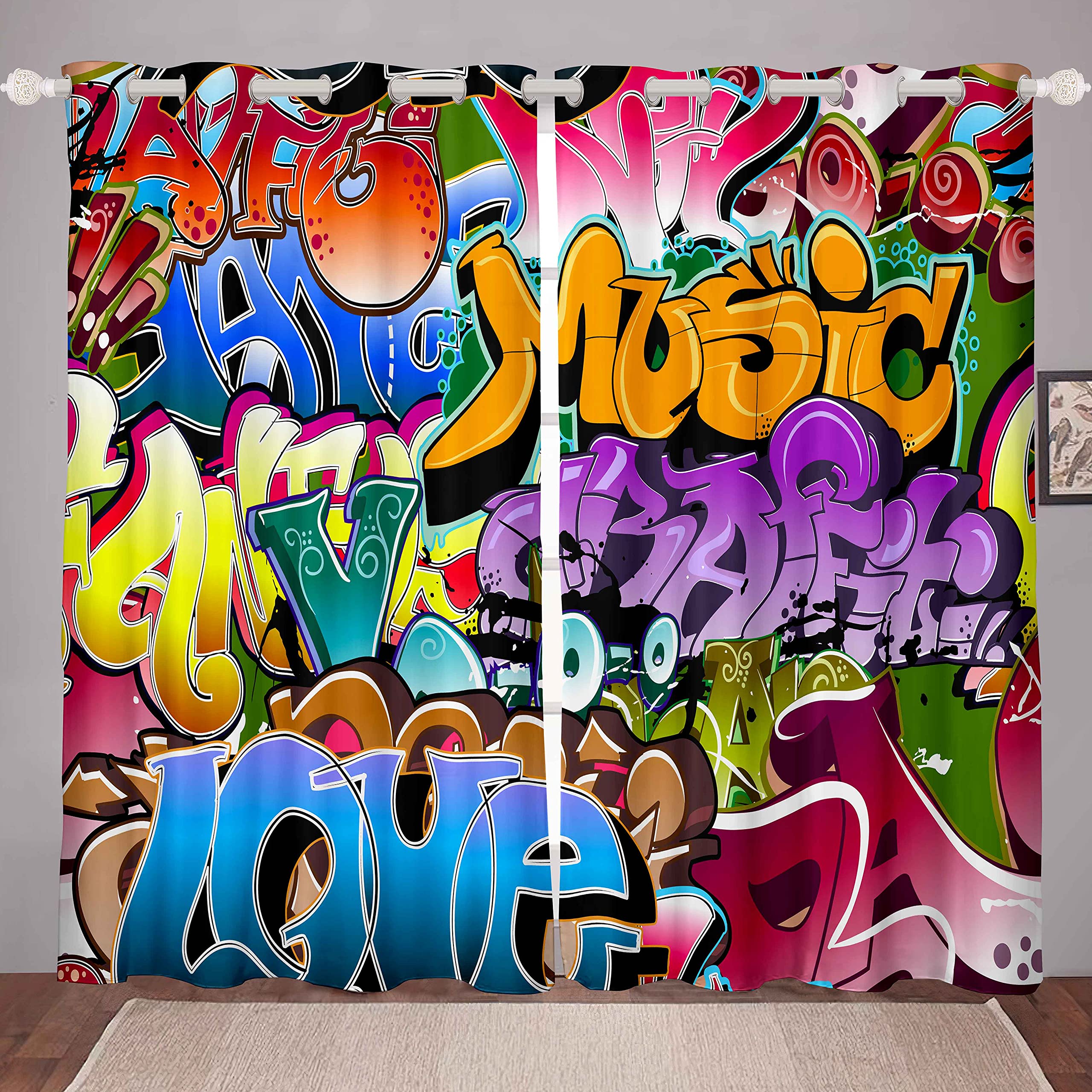 Tbrand Hippie Graffiti Curtain for Bedroom Kids Boys Hip Hop Street Culture Teen Room Colorful Graffiti Curtain Hipster Curtains,W46*L54