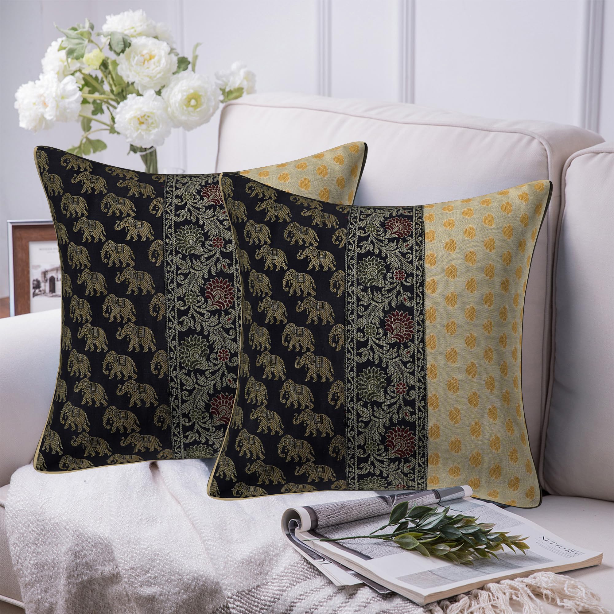 GULAAL ART Indian Ethnic Brocade Silk Turquoise & Red Elephant Cushion Cover Throw Pillow for Couch Sofa Home Decor Pillow Cover 16X16 Inch (Set 2 Pc) (Black & White)