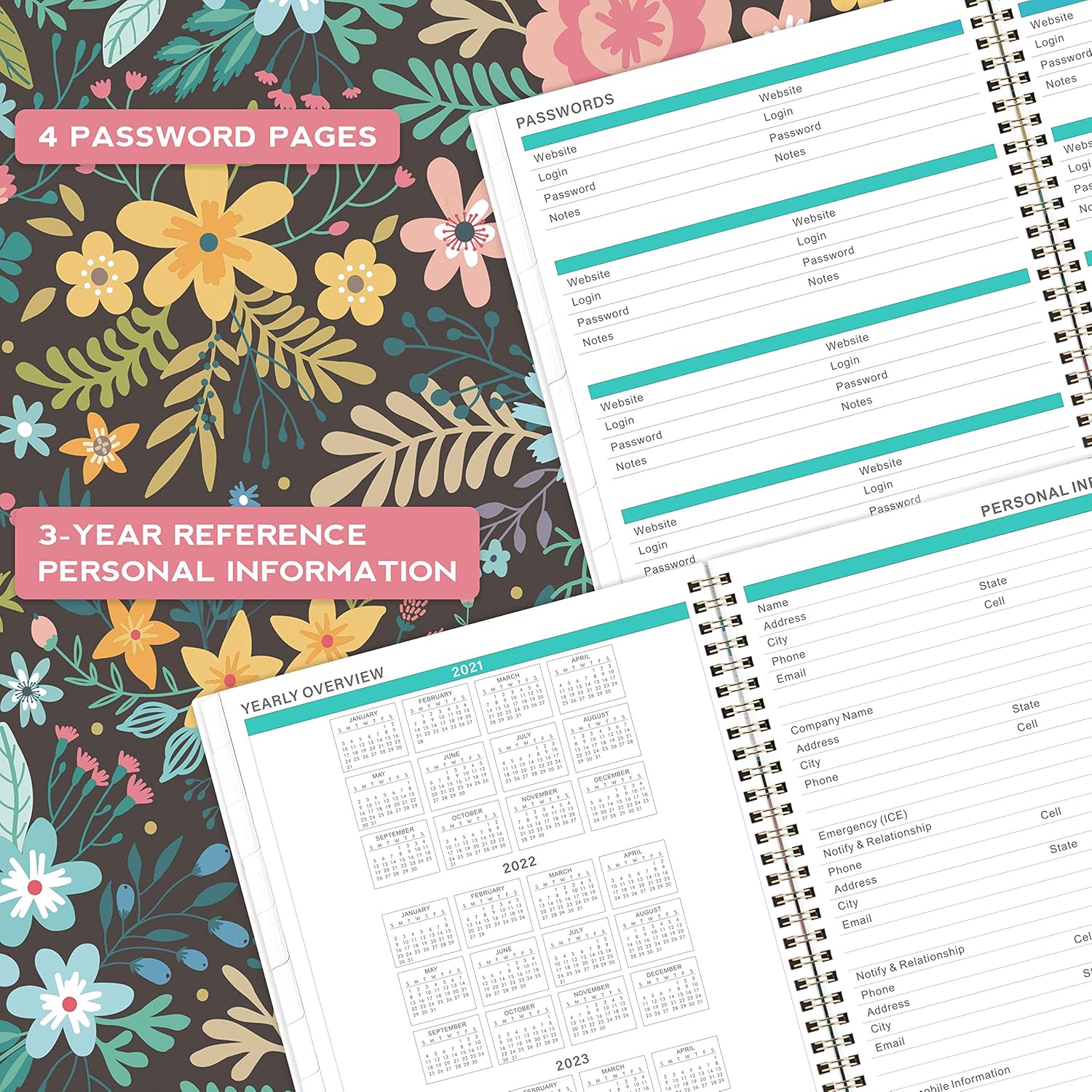 2021-2022 Monthly Planner - 18-Month Planner with Tabs & Pocket, Contacts and Passwords, 8.5" x 11", Thick Paper, Jul. 2021 - Dec. 2022, Twin-Wire Binding - Black Floral : Office Products